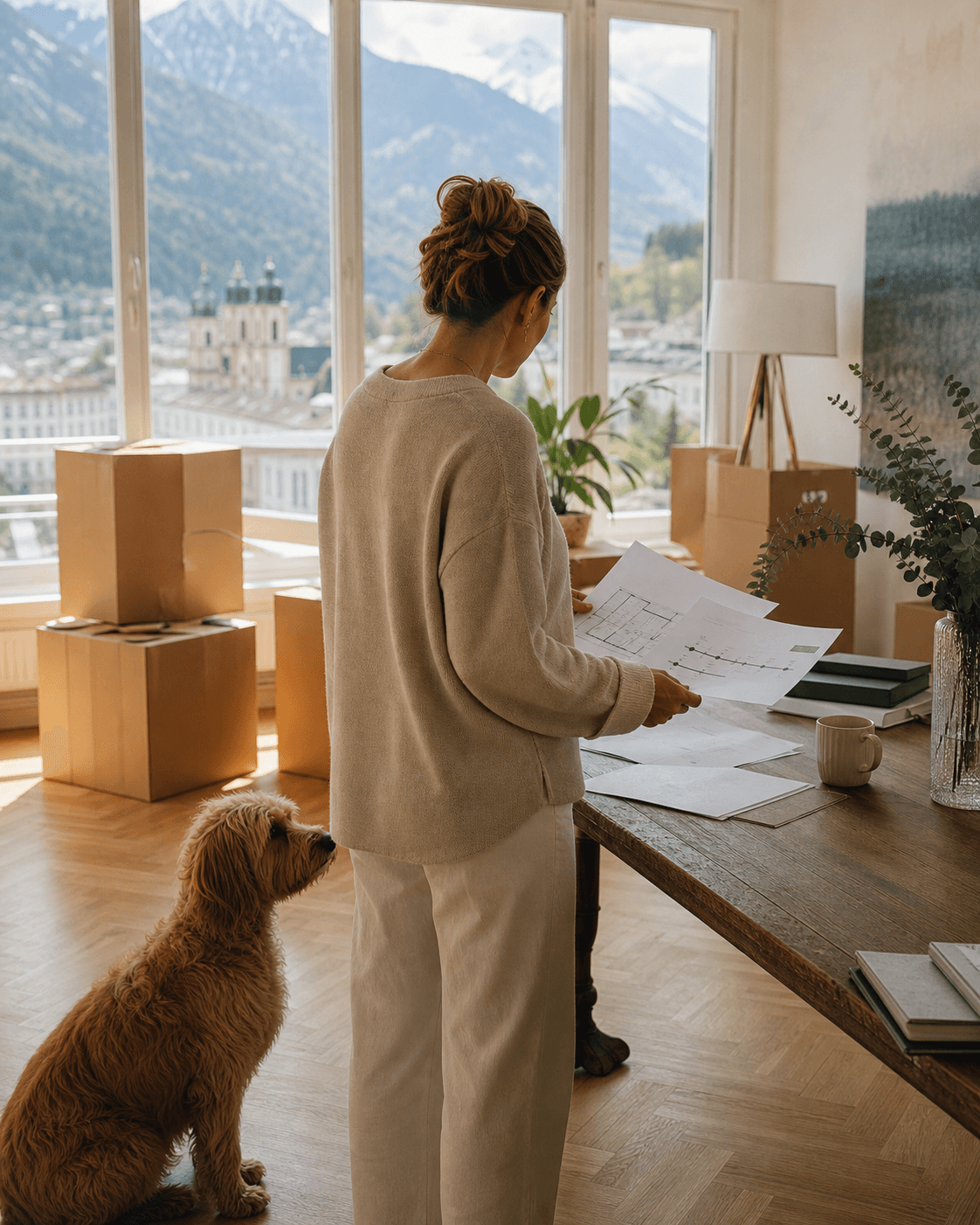 Symbolbild einer Frau mit Hund bei der Planung eines Wohnungswechsels in Innsbruck